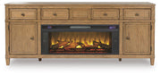 Ashley Furniture Sharlance 81-inch TV stand with electric fireplace, wood finish, and central display area, shown head-on.