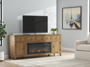 Ashley Furniture Sharlance 81-inch TV stand with built-in electric fireplace, showcasing a sleek wooden finish and modern design.