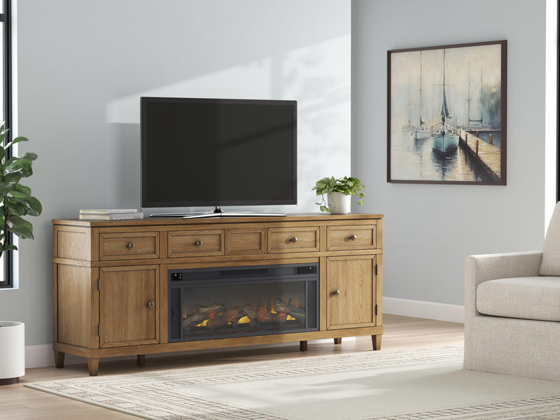 Ashley Furniture Sharlance 81-inch TV stand with built-in electric fireplace, showcasing a sleek wooden finish and modern design.