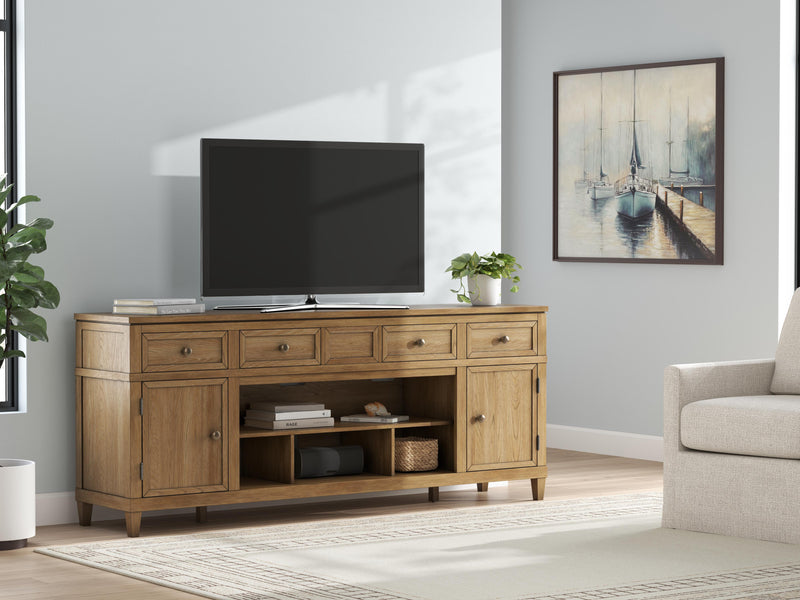 Ashley Furniture Sharlance 81-inch TV stand with wood finish, multiple storage compartments, and modern design.