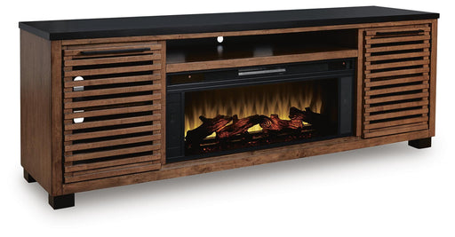 Ashley Furniture Kallari 84-inch TV stand with electric fireplace, showcasing a modern design with ample storage and a cozy fire feature.