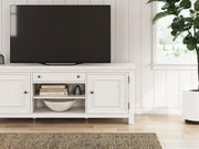 Robbinsdale 72-inch TV stand by Ashley Furniture with open shelving and storage cabinets, finished in a dark wood tone.