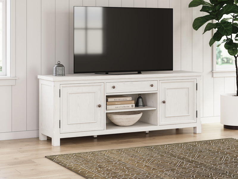 Ashley Furniture Robbinsdale 72-inch TV stand with wood finish, multiple storage drawers, and open shelving for entertainment devices
