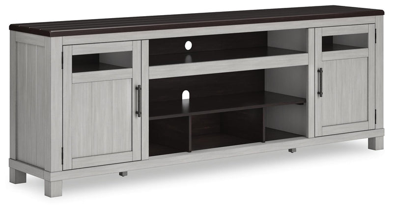 Ashley Furniture Darborn 88-inch TV stand with open shelving and storage compartments, shown from an angled view.