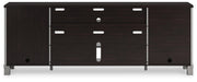 Ashley Furniture Darborn 88-inch TV stand with open shelving and storage cabinets, finished in warm wood tones.
