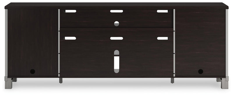 Ashley Furniture Darborn 88-inch TV stand with open shelving and storage cabinets, finished in warm wood tones.