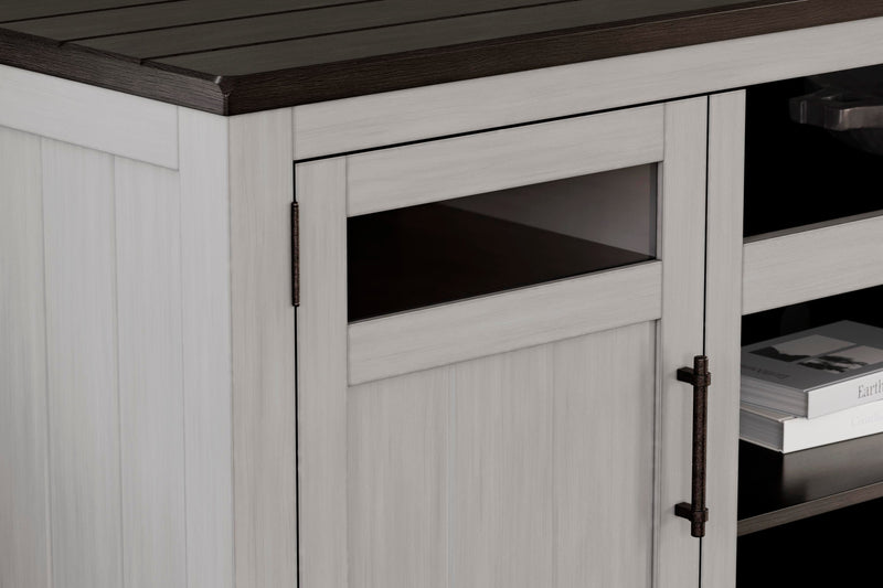 Ashley Furniture Darborn 88-inch TV stand with open shelves and storage cabinets, made of wood with a warm finish.