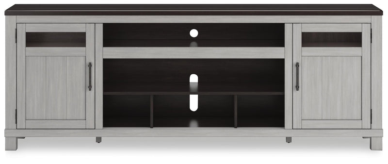 Ashley Furniture Darborn 88-inch TV stand with open shelving and storage compartments, finished in a modern dark wood.