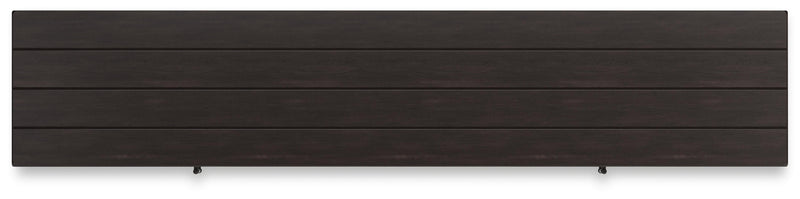 Ashley Furniture Darborn 88-inch TV stand with wood finish and open shelving for media storage and display.