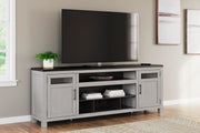 Ashley Furniture Darborn 88-inch TV stand with open shelves and storage cabinets, made of dark wood finish.