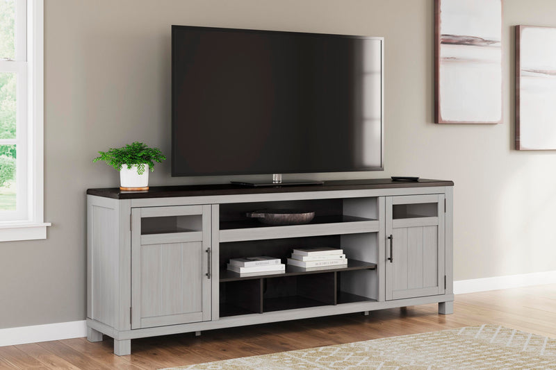Ashley Furniture Darborn 88-inch TV stand with open shelves and storage cabinets, made of dark wood finish.