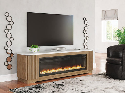 Ashley Furniture Camdill 80-inch TV stand with electric fireplace, wood finish, and storage cabinets.