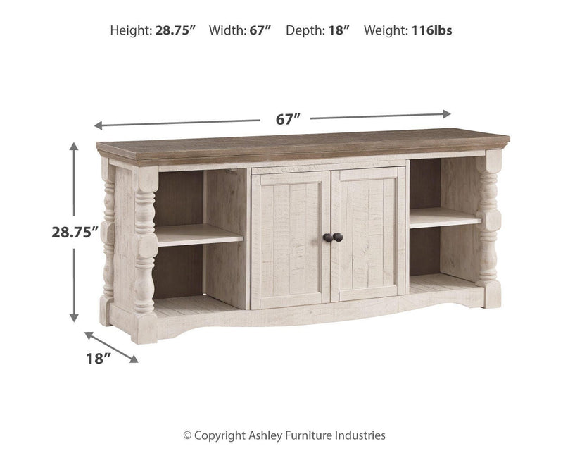 Ashley Furniture Havalance 67-inch TV stand with open shelves and drawers in a dark wood finish.