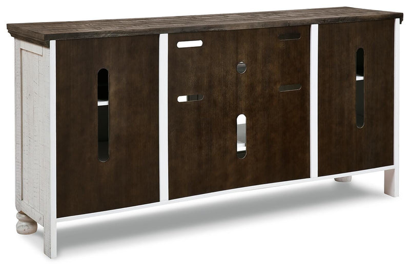 Ashley Furniture Havalance TV Stand with open shelves and storage cabinets, featuring a modern wood finish.