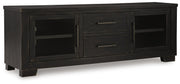 Ashley Furniture Galliden 80-inch TV stand with closed storage and open shelving, shown from an angled view.