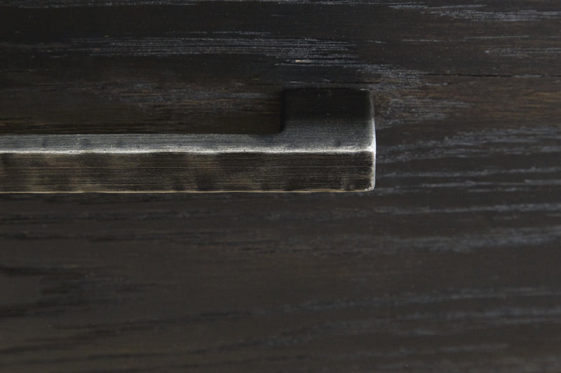 Close-up of the handle detail on the Galliden 80-inch TV stand by Ashley Furniture, showcasing its modern design and hardware.