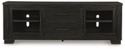 Ashley Furniture Galliden 80-inch TV stand with wood finish and modern design, featuring open shelves and storage compartments.
