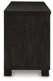 Ashley Furniture Galliden 80-inch TV stand with open shelves and storage cabinets, dark wood finish, modern design.