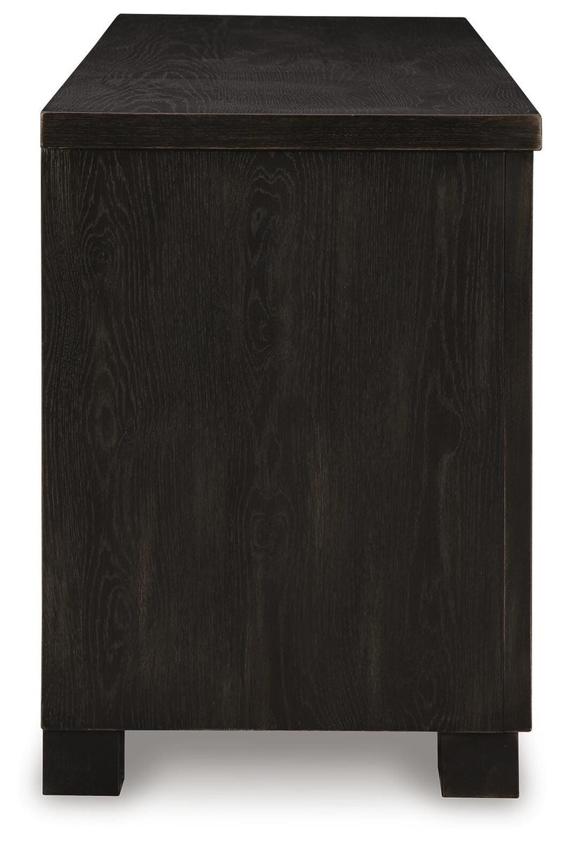 Ashley Furniture Galliden 80-inch TV stand with open shelves and storage cabinets, dark wood finish, modern design.