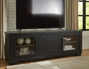 Ashley Furniture Galliden 80-inch TV stand with open shelving and storage cabinets in a modern wood finish.