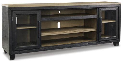 Ashley Furniture Foyland 83-inch TV stand with open shelving and closed cabinets, in a dark wood finish.