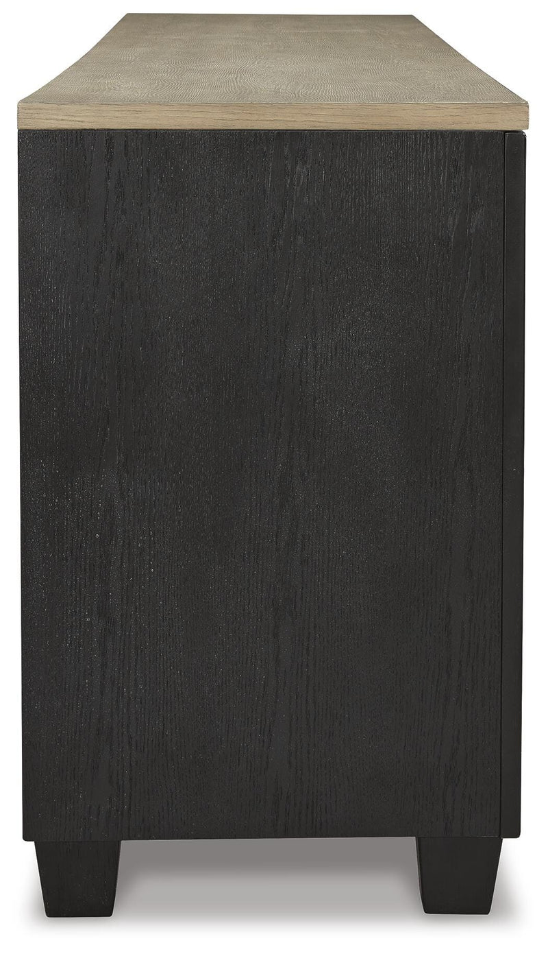Ashley Furniture Foyland 83-inch TV stand with open shelves and storage cabinets, made of dark wood with sleek modern design.
