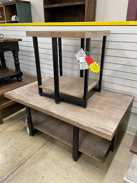 Old Wood Coffee Table & End Table Set with Metal Base