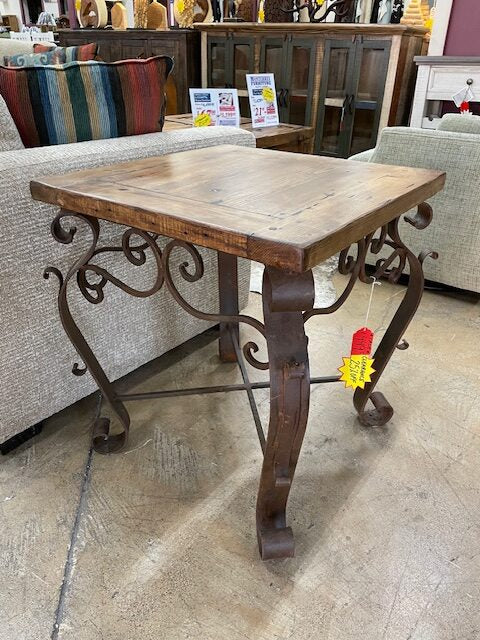 Reclaimed Wood End Table with Wrought Iron Base – Clearance Deal