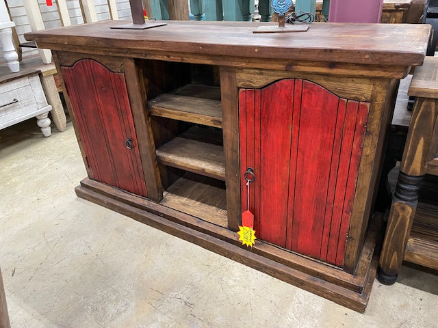 Reclaimed Wood TV Stand with Bold Red Doors