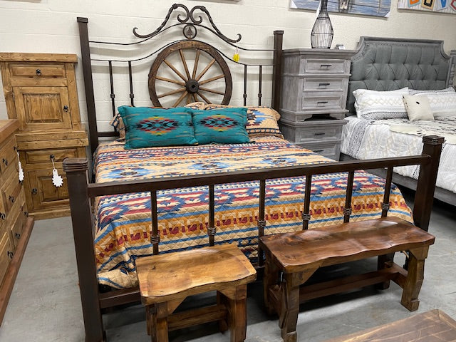King Size Wagon Wheel Bed All Metal Frame with Forged Iron and Wood Accent