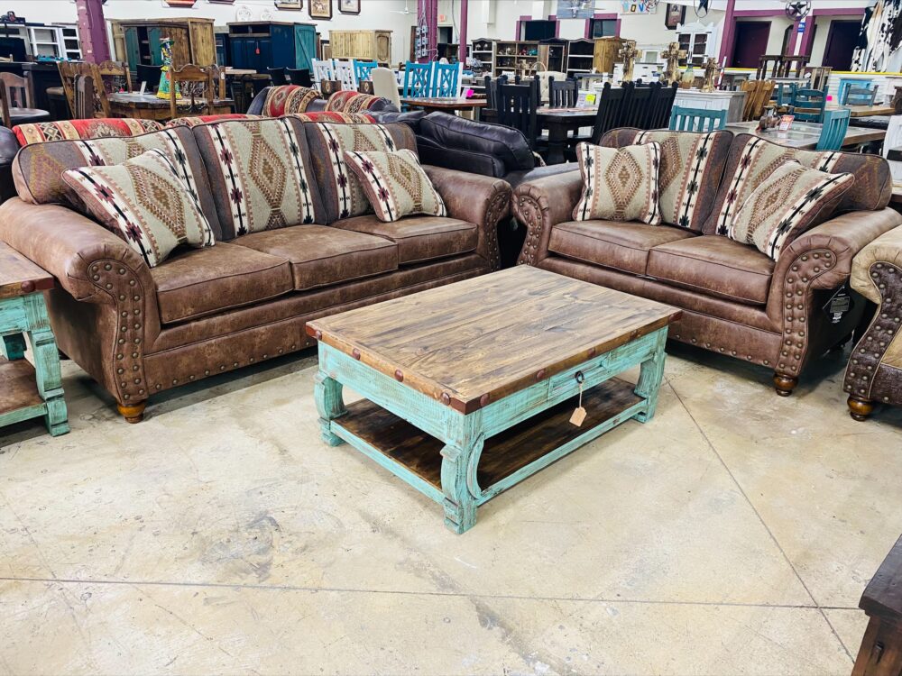 Rustic Leather Monterrey Style Studed Sofa Set