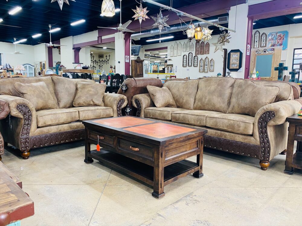 Tan Rustic Leather Sofa Set
