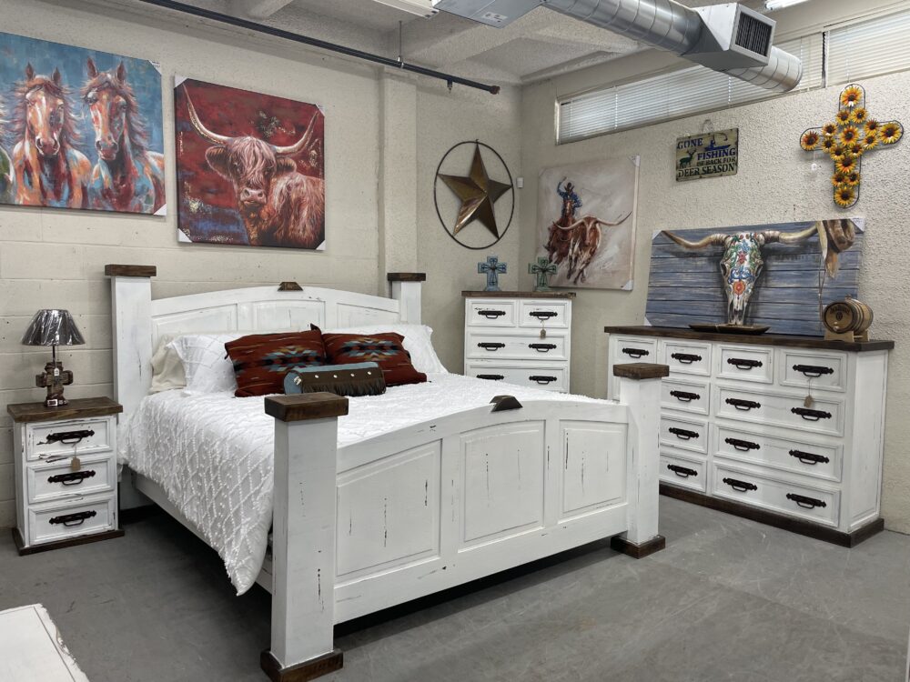 Mansion King Size Bedroom Set (Distressed White)